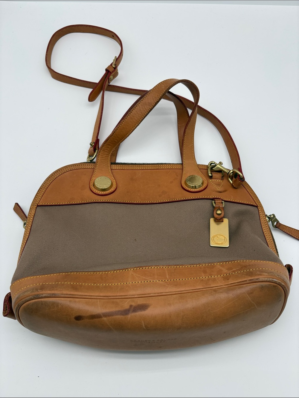 VTG Dooney & Bourke Cabriolet Tan Leather Canvas Dome Handbag Purse USA BLEMISH